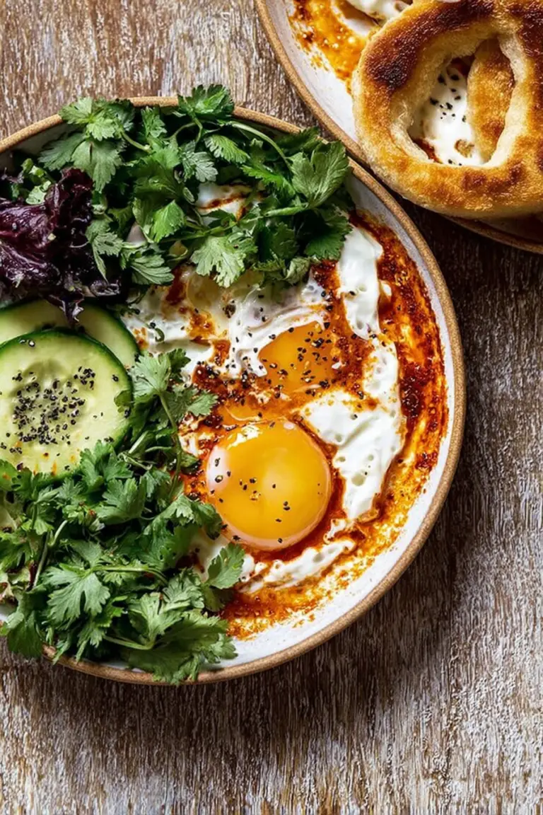 Turkish eggs with chile butter, whipped feta, and fresh greens served with avocado slices and toasted bagels