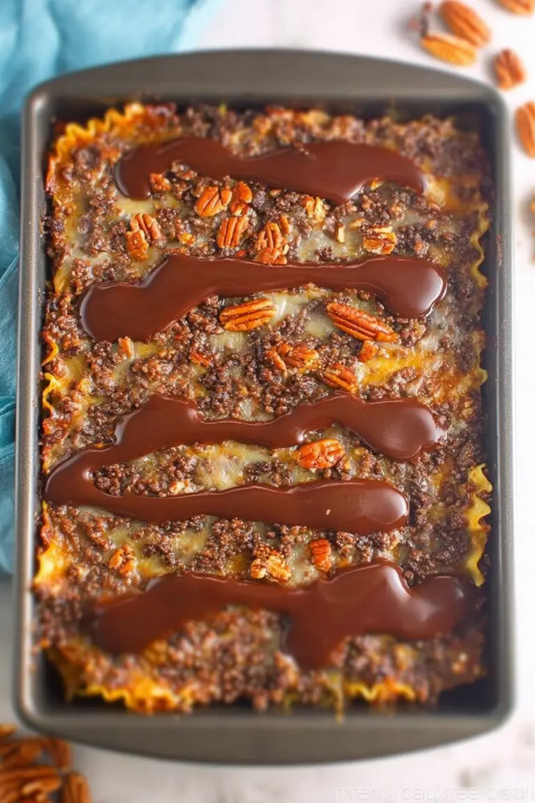 Slice of turtle lasagna dessert with caramel, hot fudge, pecans, and turtle candies on a white plate.