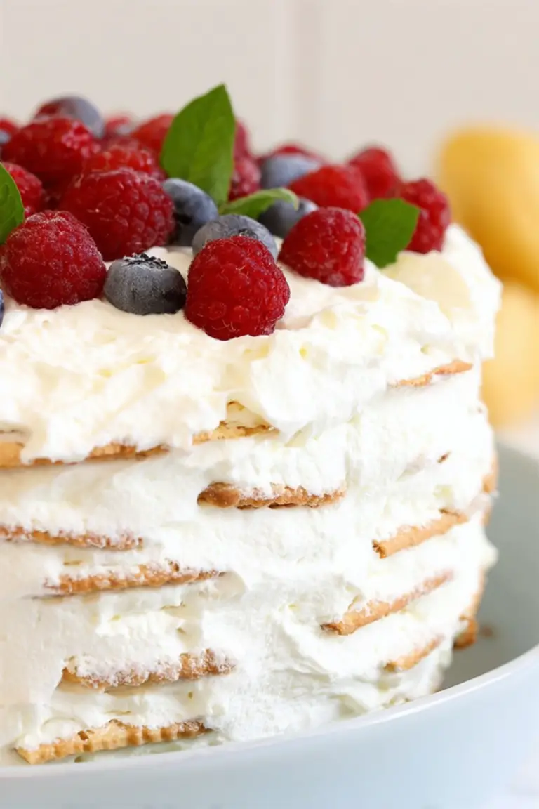 A slice of Vanilla Wafer Icebox Cake garnished with fresh berries and mint leaves on a white plate.