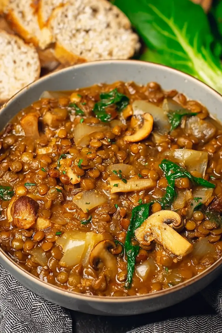 Hearty vegan mushroom and lentil stew in a bowl with fresh herbs and crusty bread.