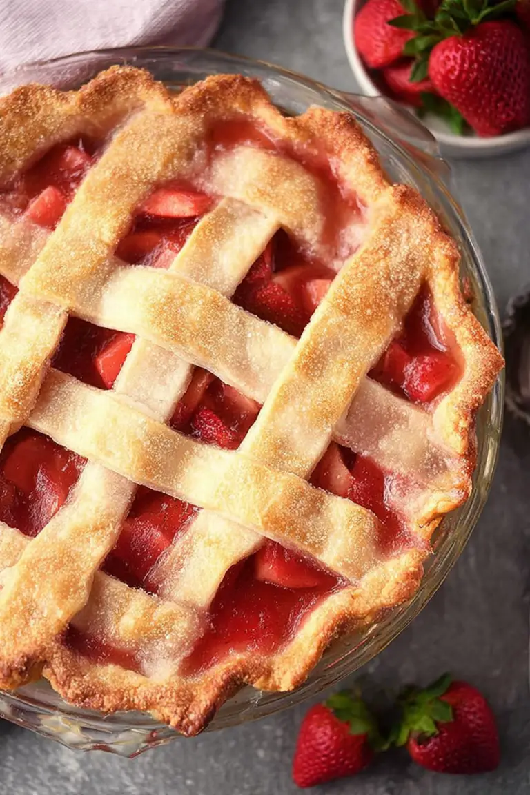 Sliced vegan strawberry rhubarb pie on a wooden table with fresh strawberries and rhubarb scattered around.