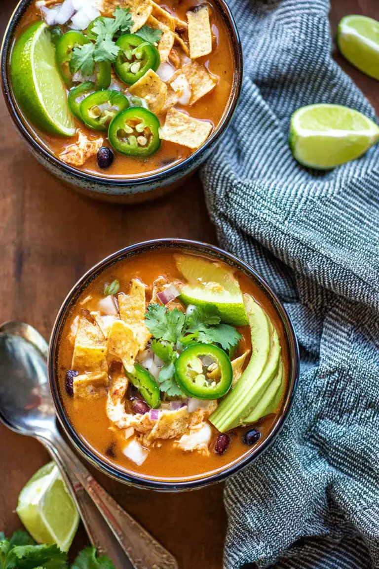 Bowl of vegan tortilla soup with toppings including tortilla strips, avocado, and cilantro on a wooden table.