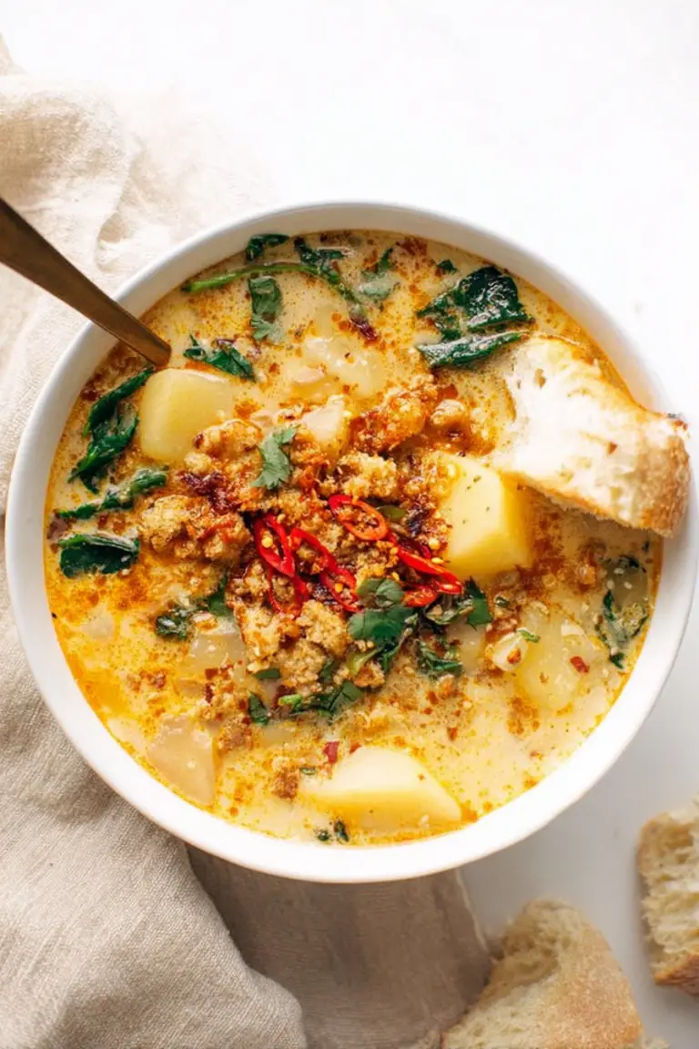 Bowl of Vegan Zuppa Toscana soup garnished with black pepper and red pepper flakes, served with crusty bread