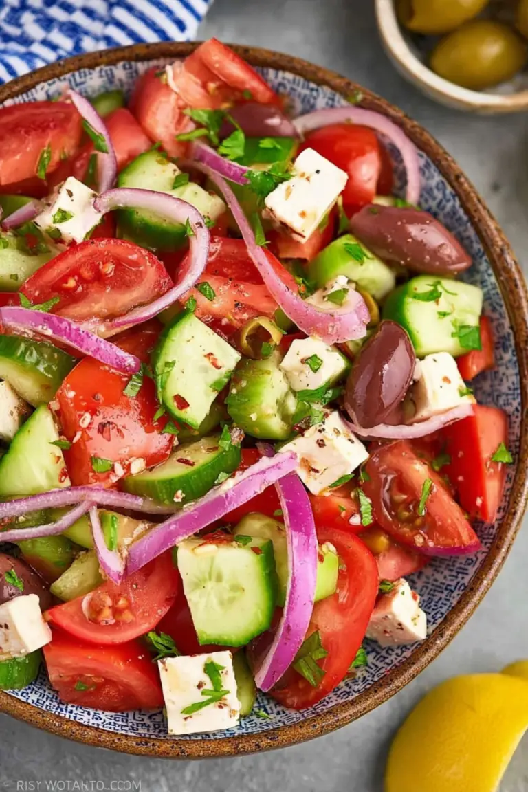 Vibrant Mediterranean salad with cucumbers, tomatoes, olives, and feta cheese in a wooden bowl.
