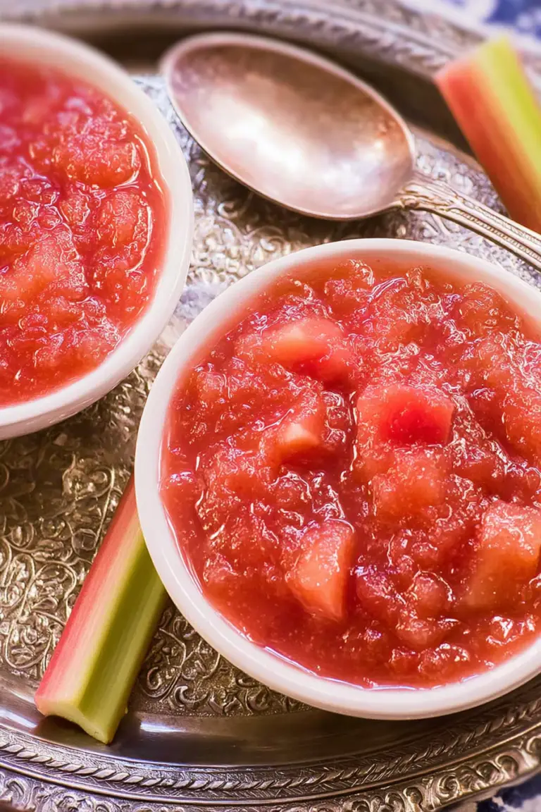 Delicious homemade rhubarb sauce in a bowl, garnished with mint leaves, perfect for desserts or savory dishes.