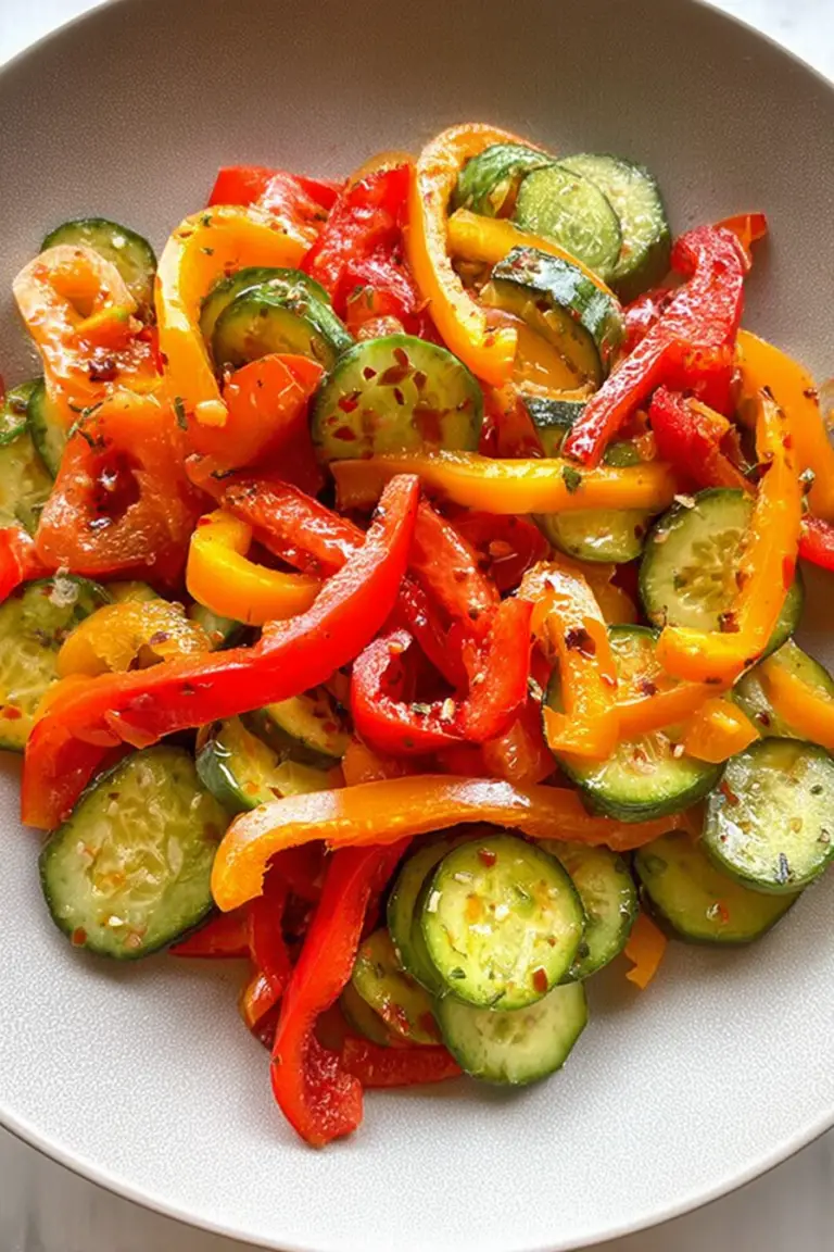 Viral Cucumber and Sweet Pepper Salad with ginger dressing and everything bagel seasoning in a bowl.