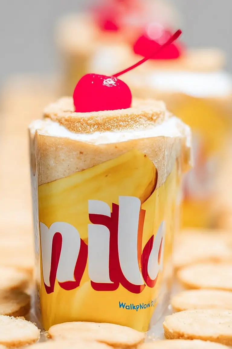 Colorful walking banana pudding cups on a picnic table perfect for summer BBQs, with bananas and Nilla wafers.