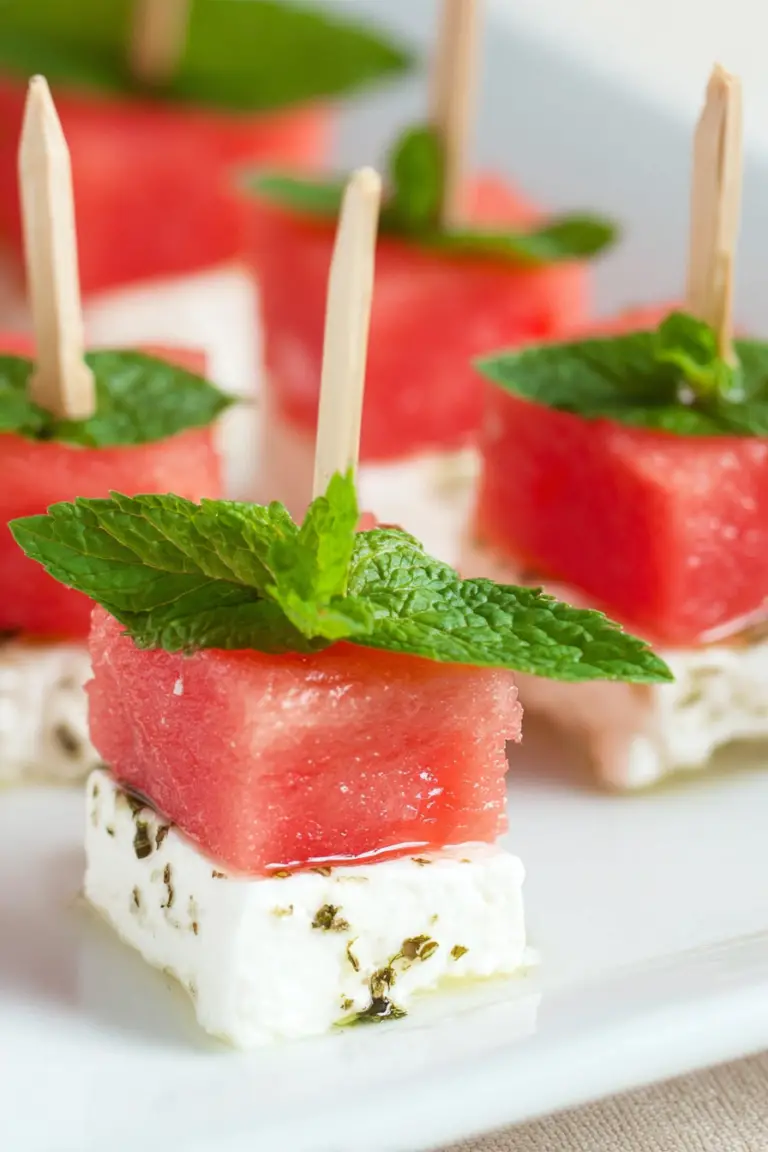 Close-up of refreshing watermelon feta skewers with mint on a white platter.