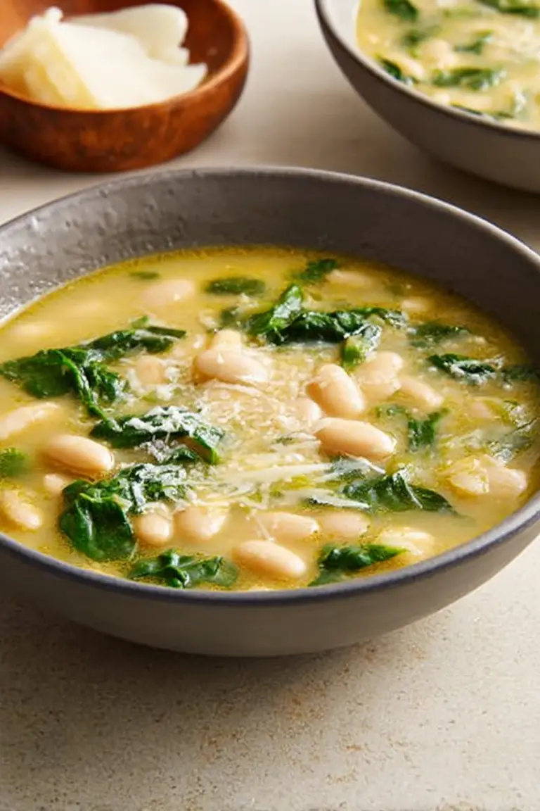 Delicious white bean spinach soup with fresh basil and Parmesan cheese, served in a bowl with bread.