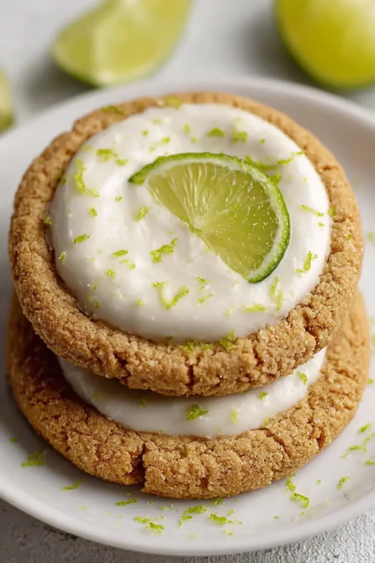 Delicious zesty key lime pie cookies on a decorative plate with fresh lime slices and zest.