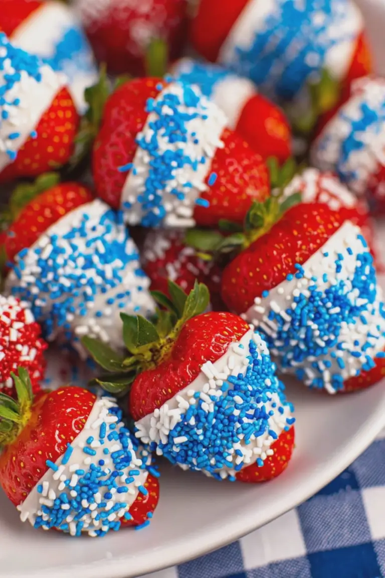 Close-up of 4th of July chocolate covered strawberries with patriotic sprinkles on a festive table.