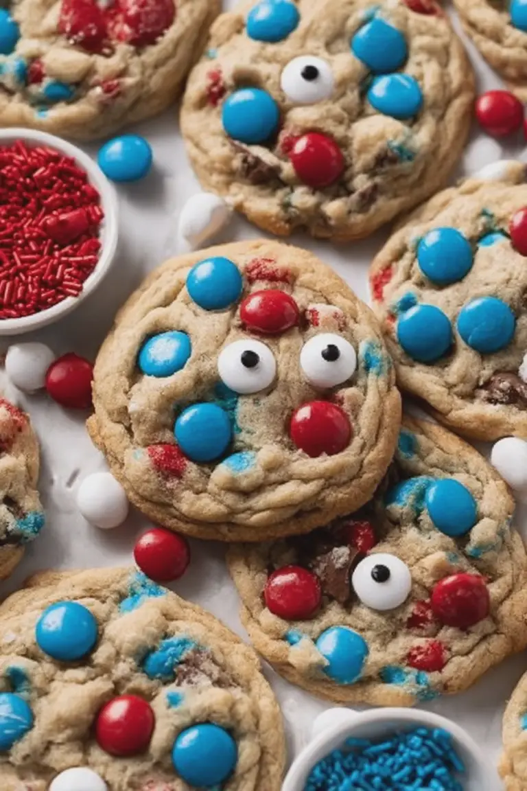 Festively decorated 4th of July monster cookies with M&M's on a red, white, and blue background.