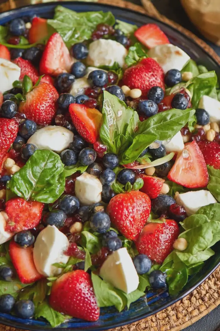 4th of July salad with strawberries, blueberries, mozzarella, basil, and pine nuts in a decorative bowl
