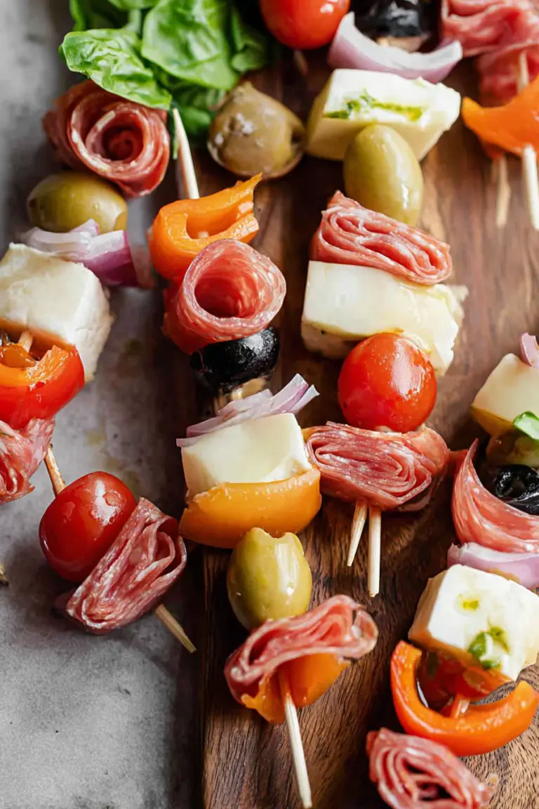Close-up of vibrant antipasto skewers with tortellini, olives, basil, and salami on a wooden platter.