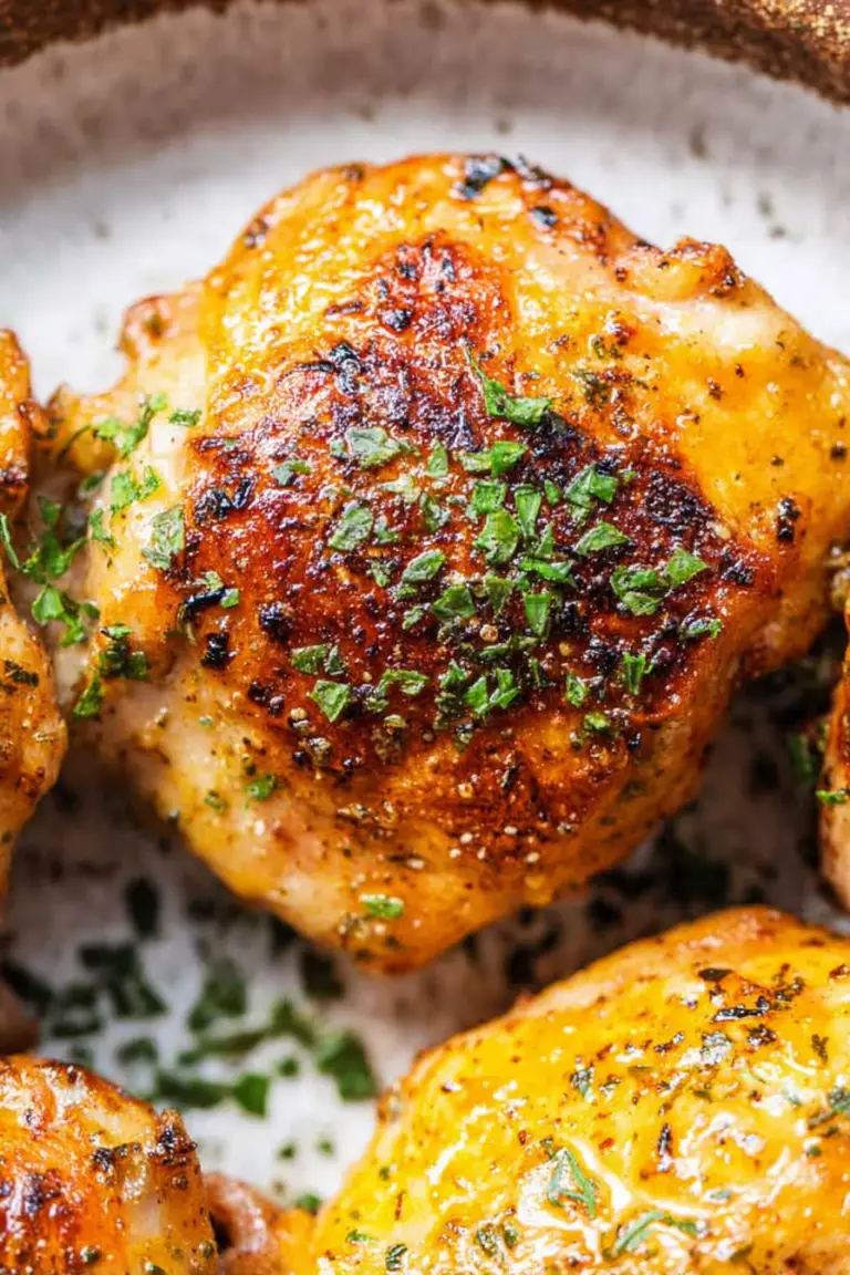 Close-up of golden brown baked ranch chicken thighs garnished with herbs on a white plate.