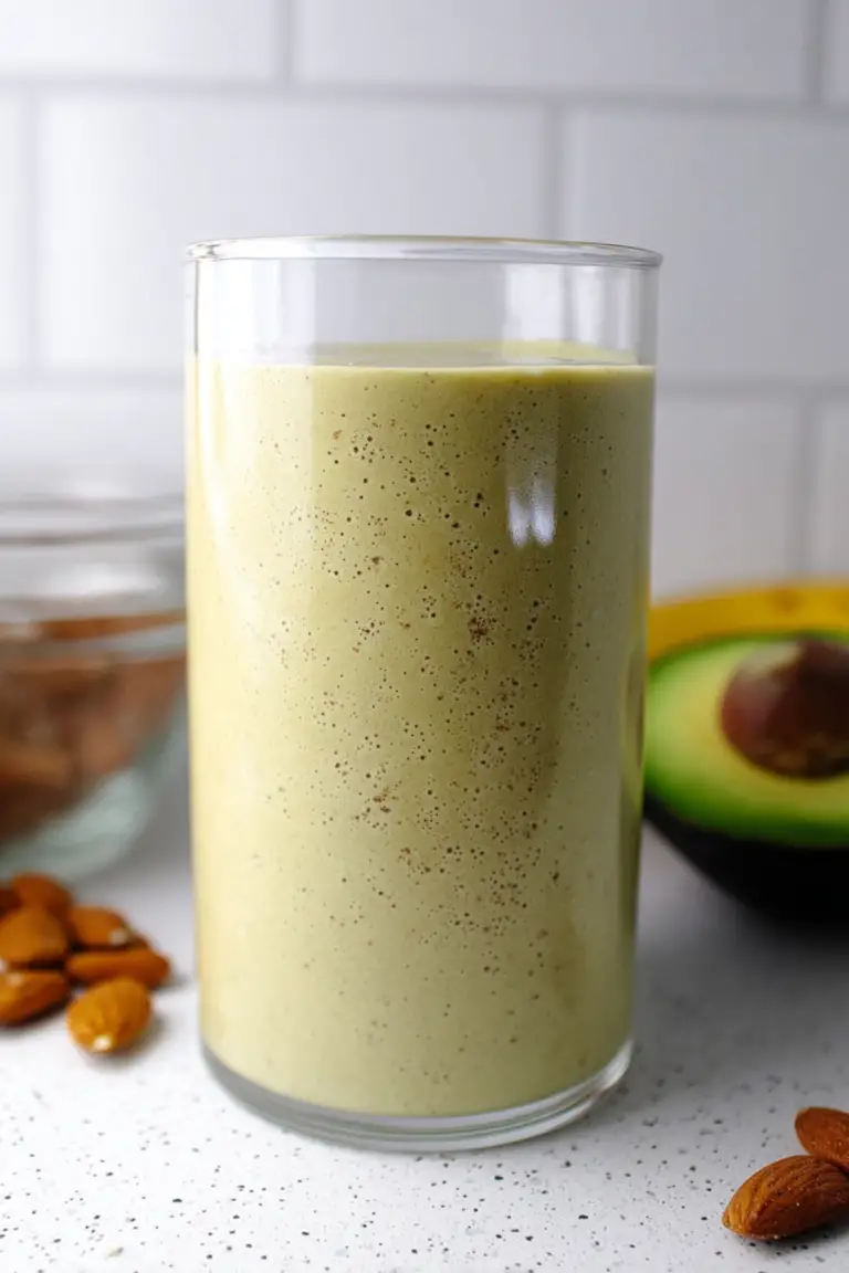 A refreshing banana avocado almond milk smoothie served in a tall glass, garnished with banana and avocado slices, showcasing the creamy texture and vibrant color.