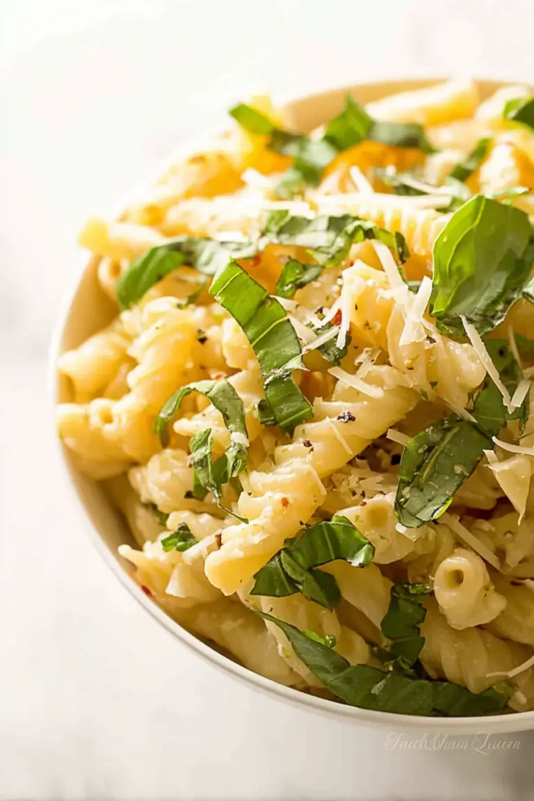 Bowl of Basil Lemon Pasta Salad with fresh basil and lemon slices on a wooden table.