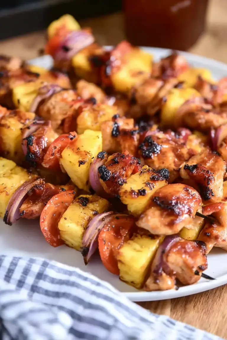 Delicious BBQ chicken pineapple skewers with vibrant vegetables grilled to perfection.