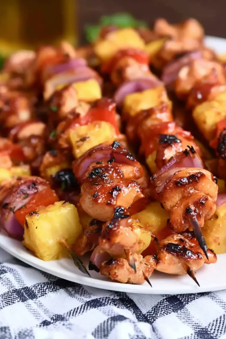 Delicious BBQ chicken pineapple skewers with grilled chicken, pineapple chunks, and bell peppers on a wooden platter.