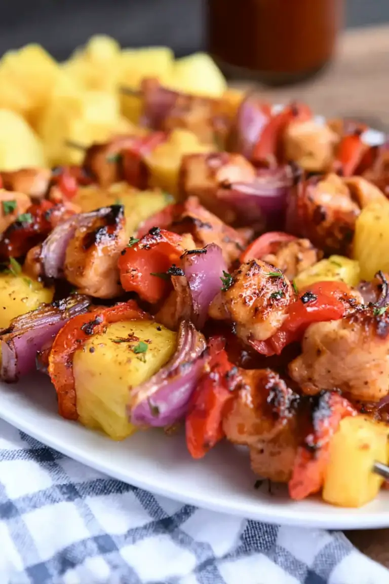 Close-up of BBQ chicken pineapple skewers grilling with smoke, showcasing chicken, pineapple, and bell peppers.