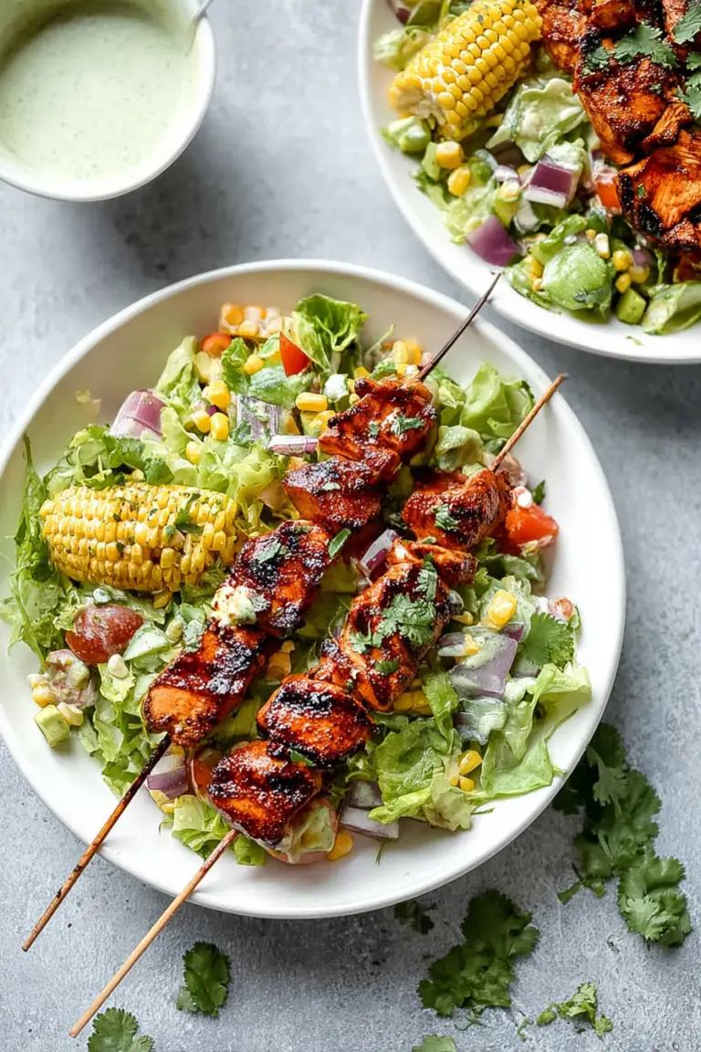 BBQ chicken skewer salad featuring grilled chicken skewers, corn, avocado, and fresh herbs in a colorful bowl.