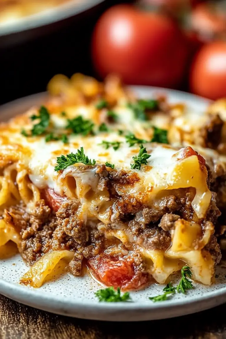 Delicious Beef Lombardi Casserole topped with melted cheese and herbs, perfect for family dinners.