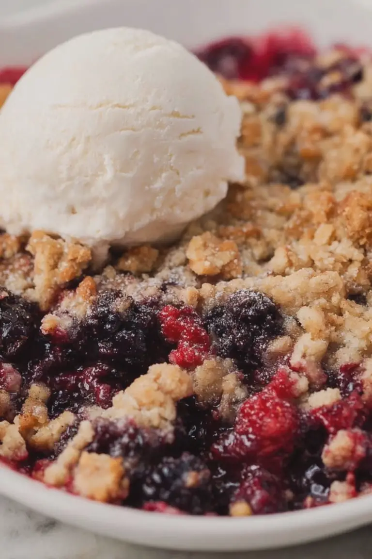 Freshly baked berry crisp dump cake served warm with a scoop of vanilla ice cream.