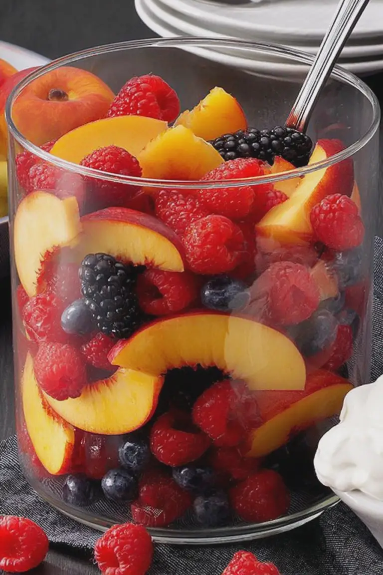 Delicious berry nectarine salad featuring sliced nectarines, fresh raspberries, and blueberries served in a bowl.