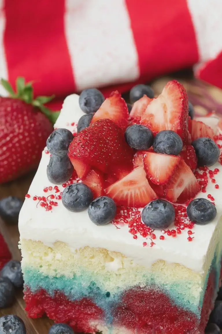 Slice of berry poke cake topped with strawberries and blueberries on a vibrant plate