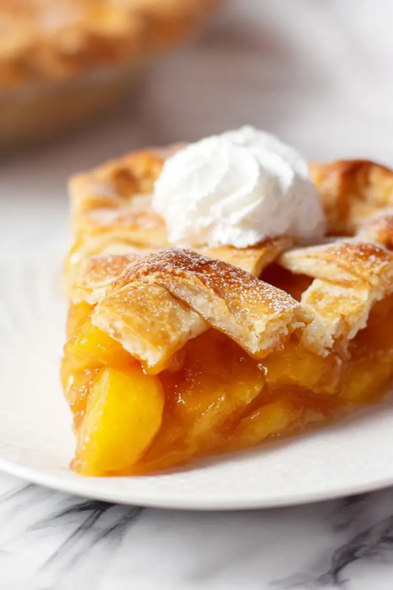 The Best Peach Pie cooling on a wooden table, topped with lattice crust and served with vanilla ice cream.