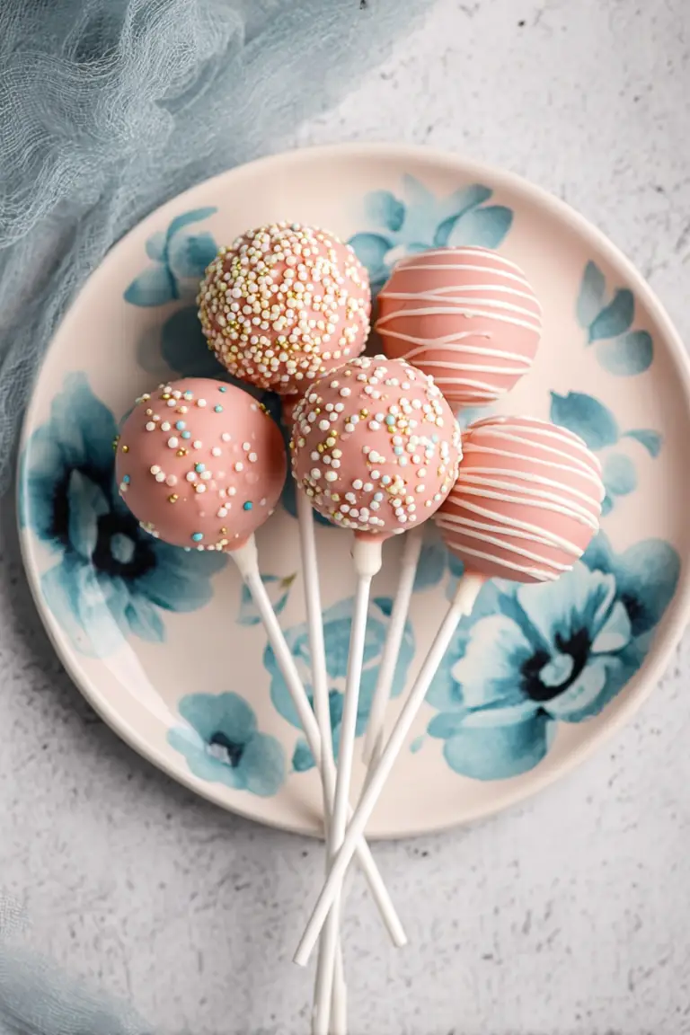 Colorful homemade birthday cake pops decorated with sprinkles on a festive plate.