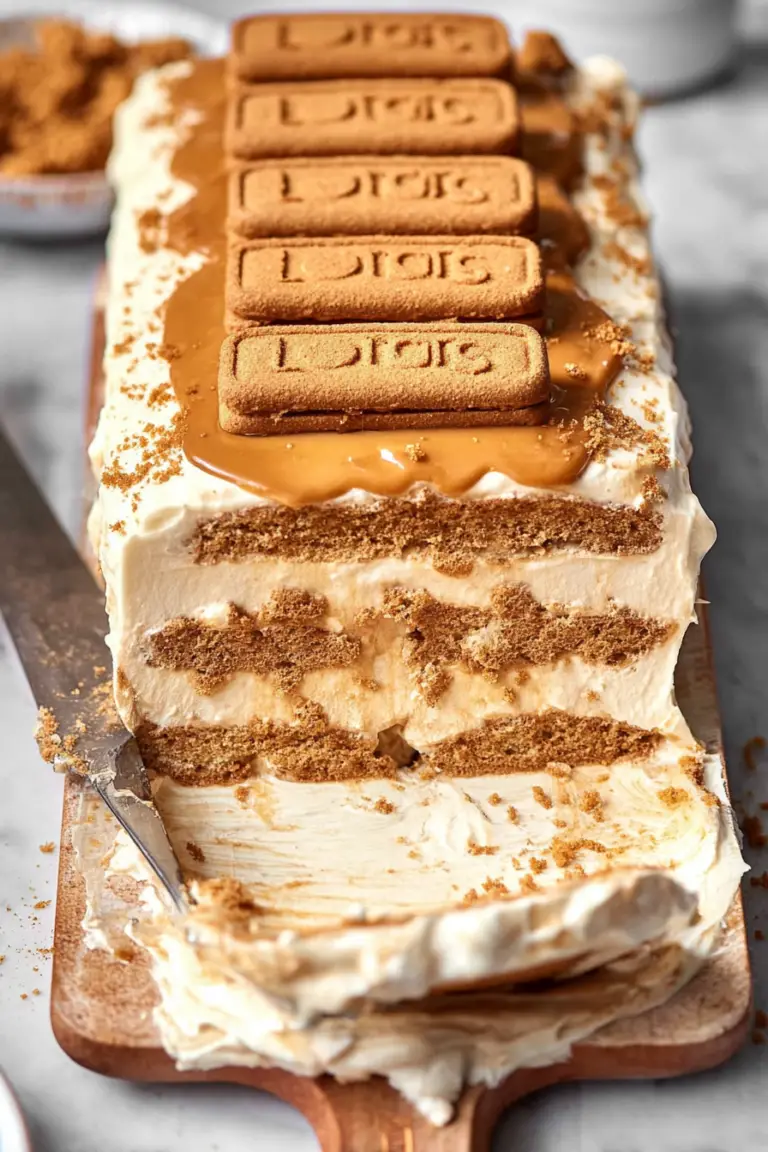 Close-up of Biscoff icebox cake with layers of Biscoff cookies and cream, garnished with lotus biscuits.