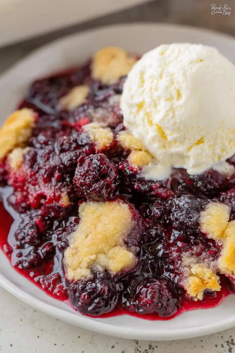 Delicious blackberry cobbler with a golden topping, served in a baking dish.