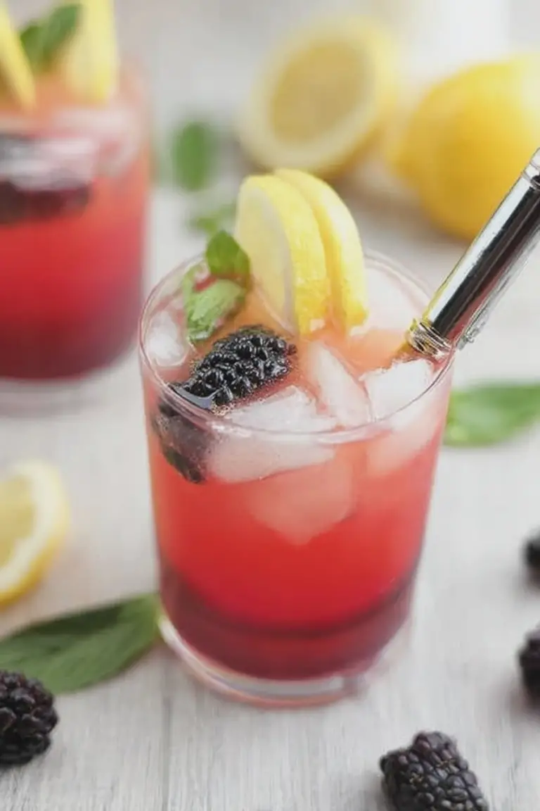 Blackberry lemon mocktail with mint and lemon slices in a glass, showcasing the vibrant colors of the drink and garnishes.