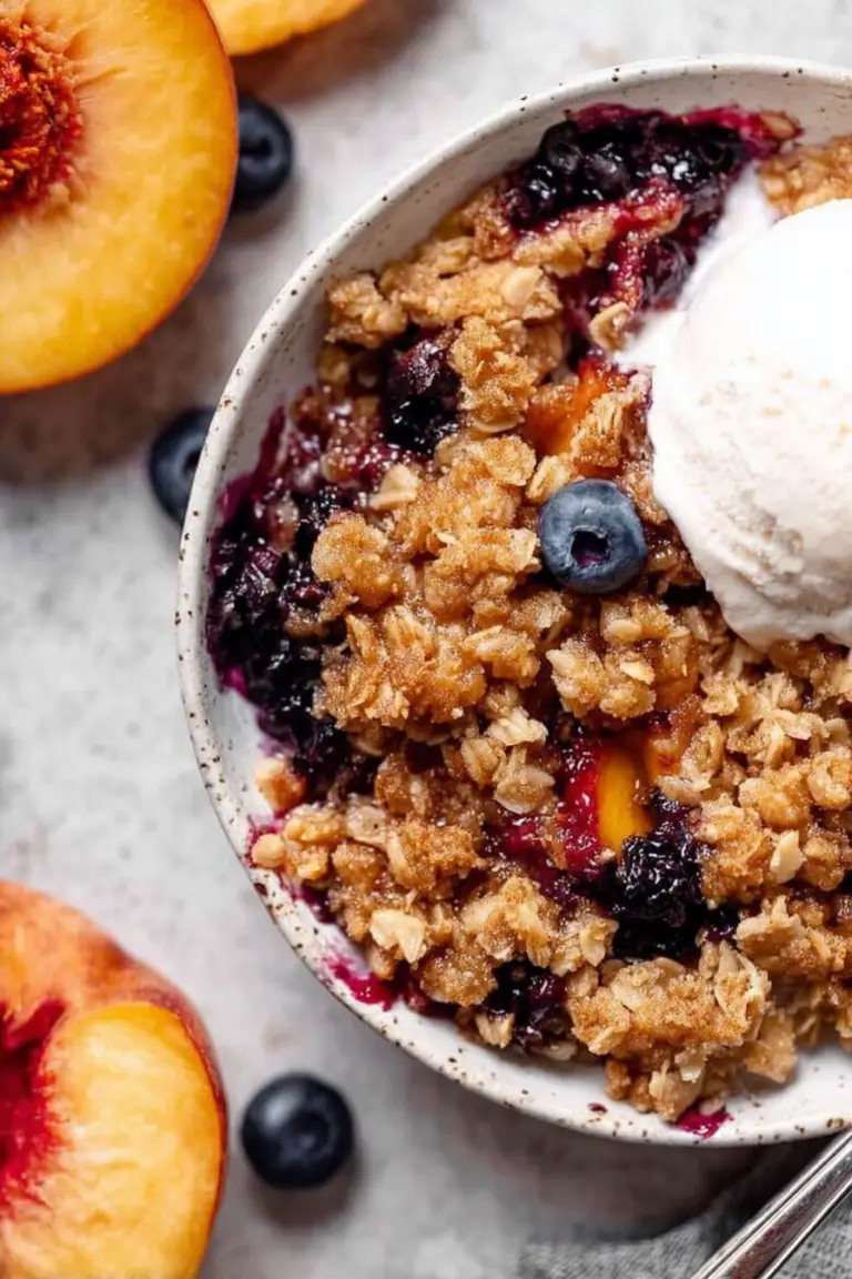 Close-up of blueberry peach crumble with a golden topping and fresh fruit underneath in a rustic dish.
