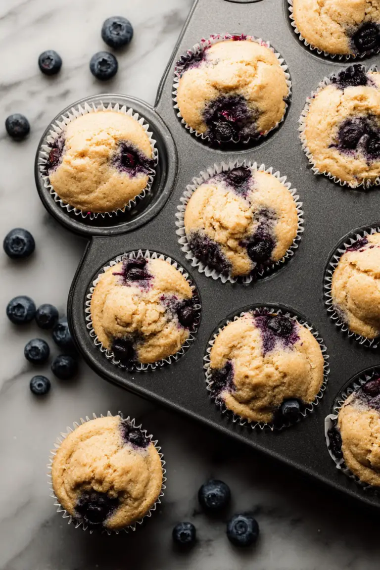Tray of golden homemade blueberry protein muffins with fresh blueberries on top