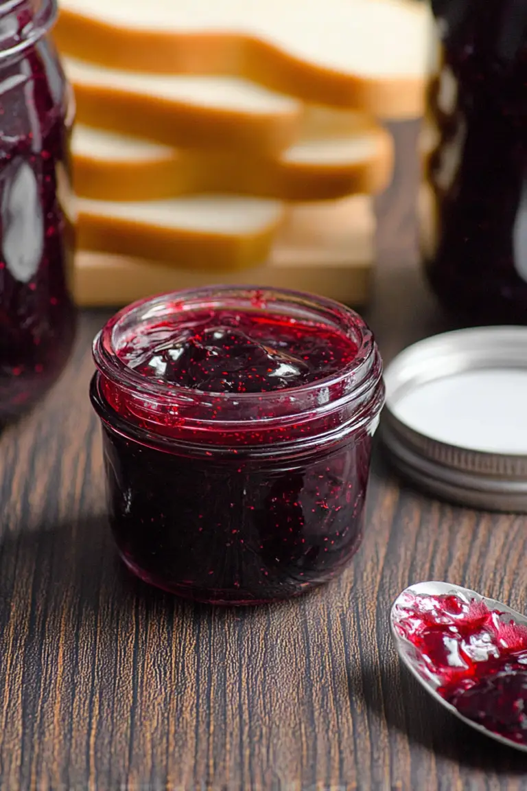 Homemade blueberry rhubarb jam in mason jars on a wooden table with fresh blueberries and rhubarb stalks