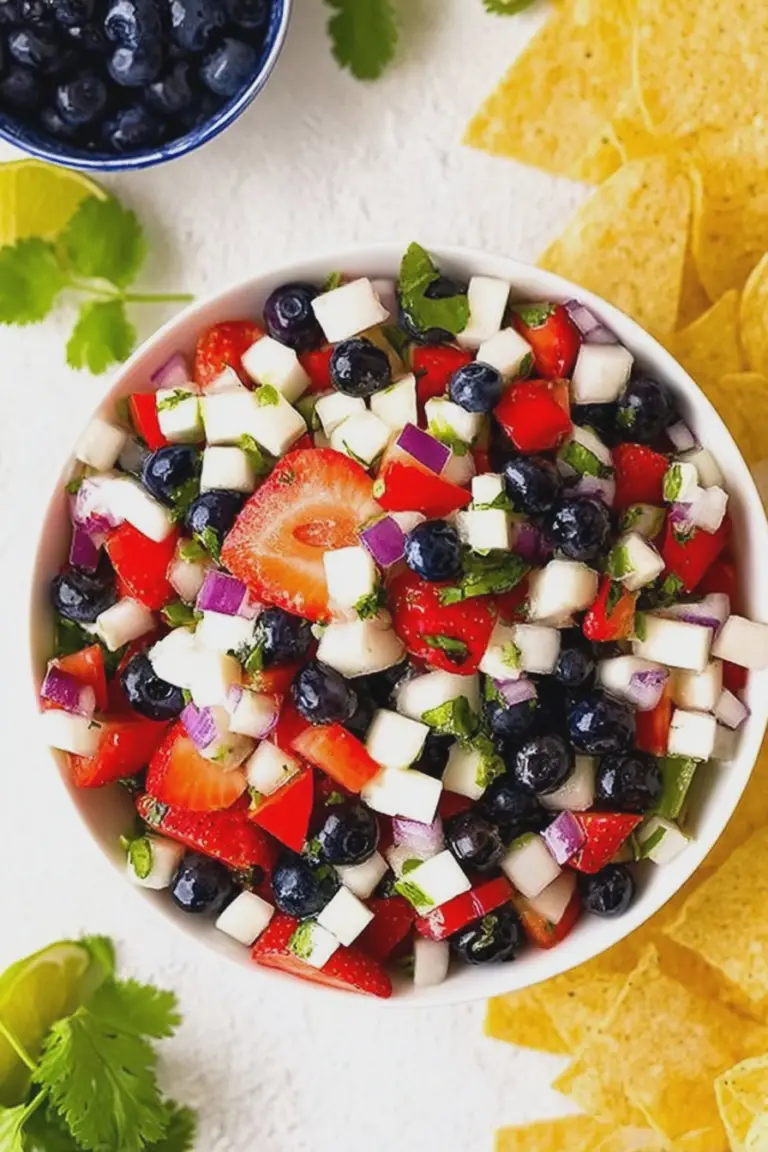 Fresh blueberry strawberry jicama salsa in a bowl with tortilla chips, garnished with cilantro.