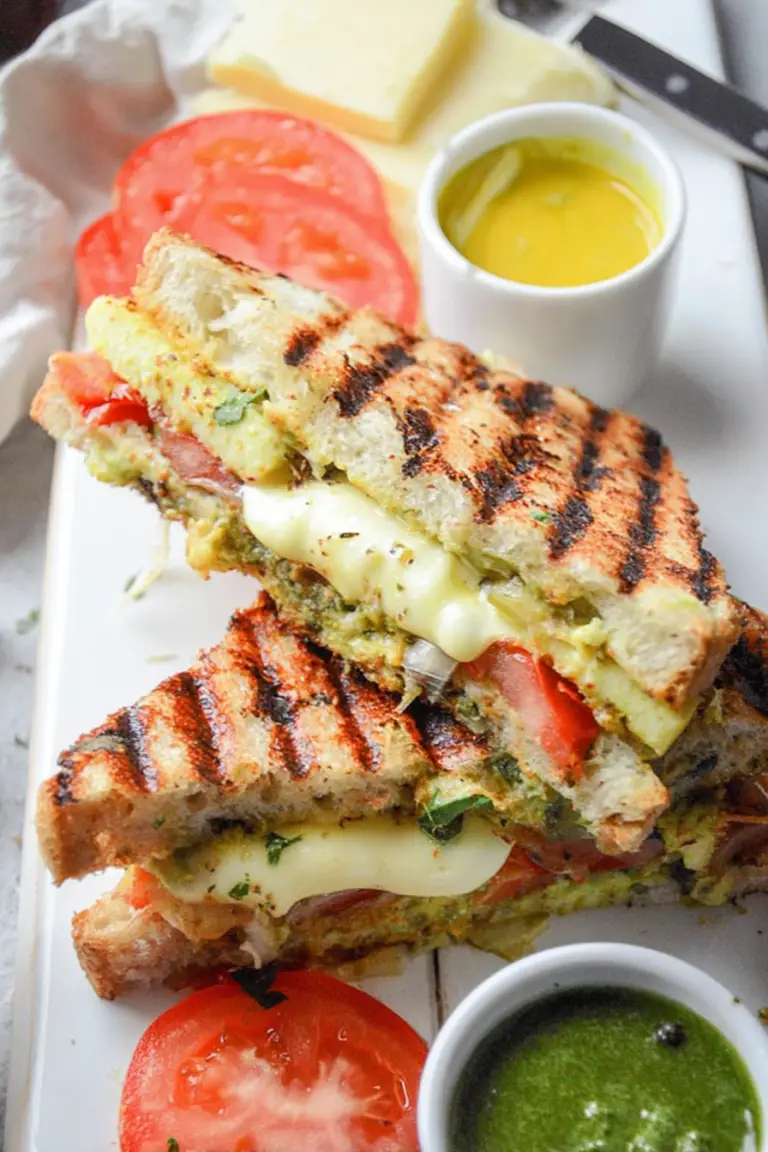 Bombay grilled sandwich cut in half revealing fresh veggies and cheese on a wooden board