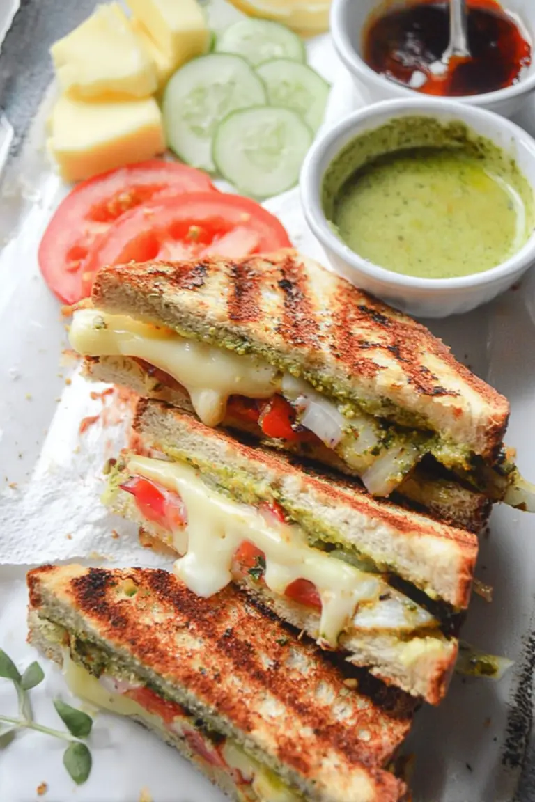 Close-up of a Bombay Grilled Sandwich with cheese, colorful vegetables, and green chutney on the side.