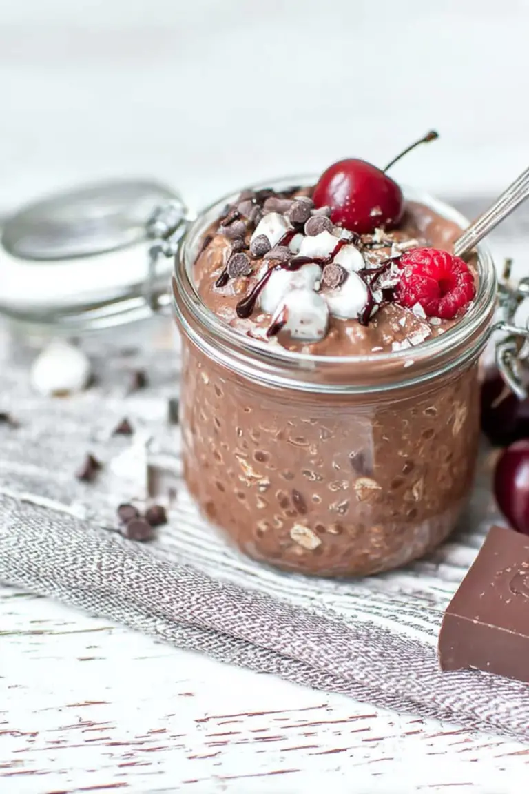 Brownie batter overnight oats topped with fresh berries and coconut flakes in a jar