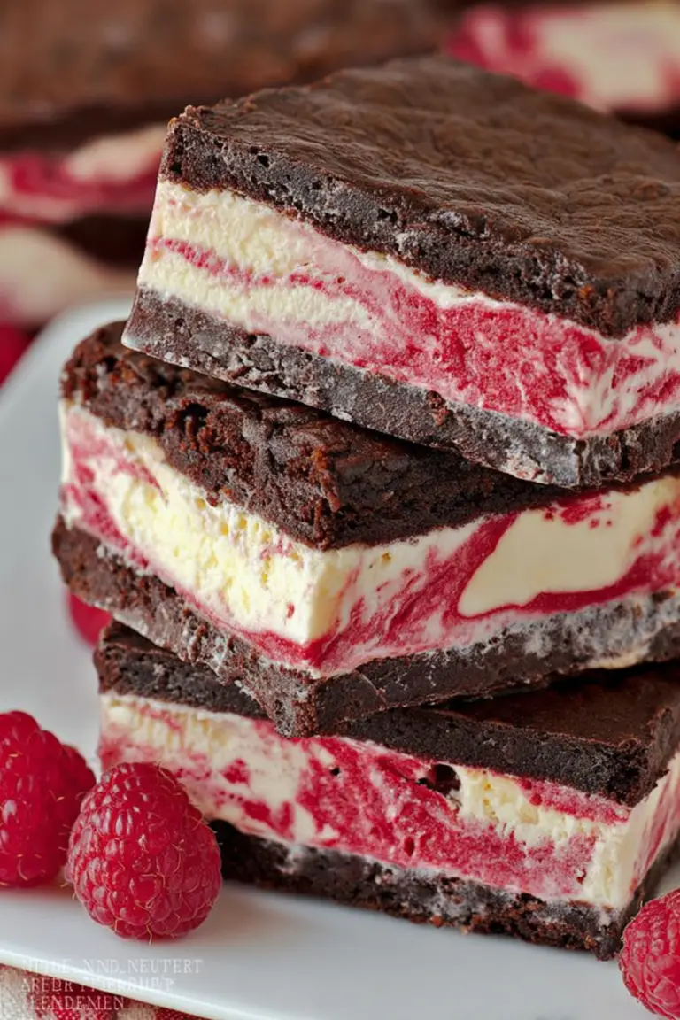 Close-up of a brownie raspberry swirl ice cream sandwich highlighting the rich chocolate and vibrant raspberry swirl.
