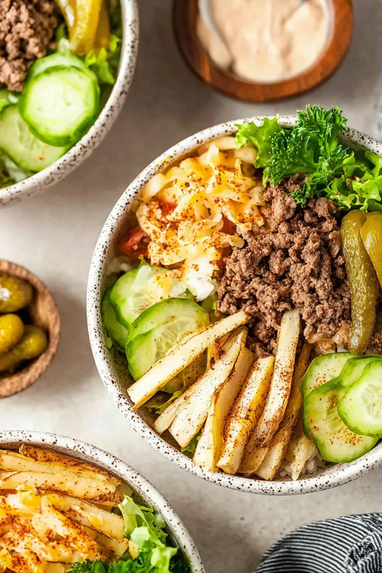 Delicious burger bowl with beef mince, lettuce, potato chips, and burger sauce.