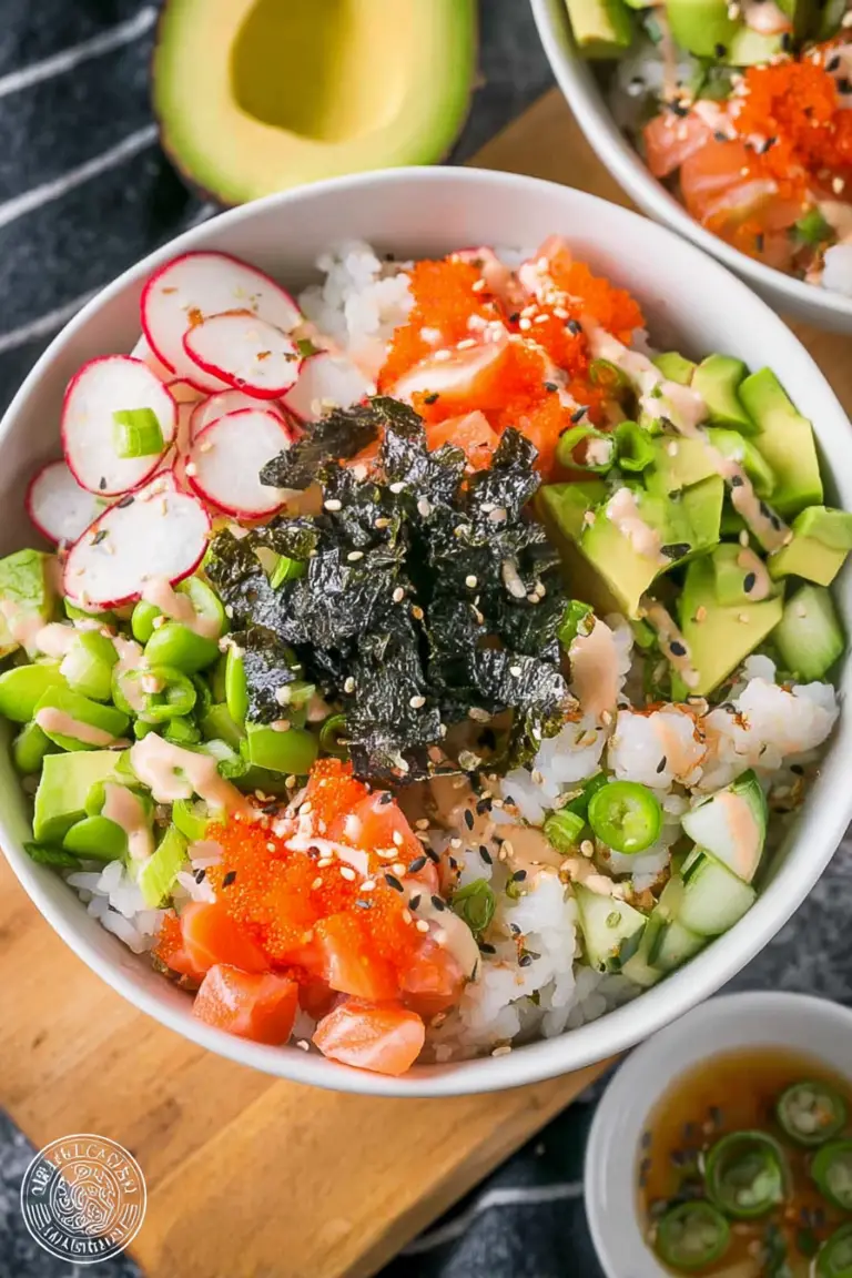 California roll sushi bowl with imitation crab, avocado, cucumber, and sesame seeds in a bamboo bowl.