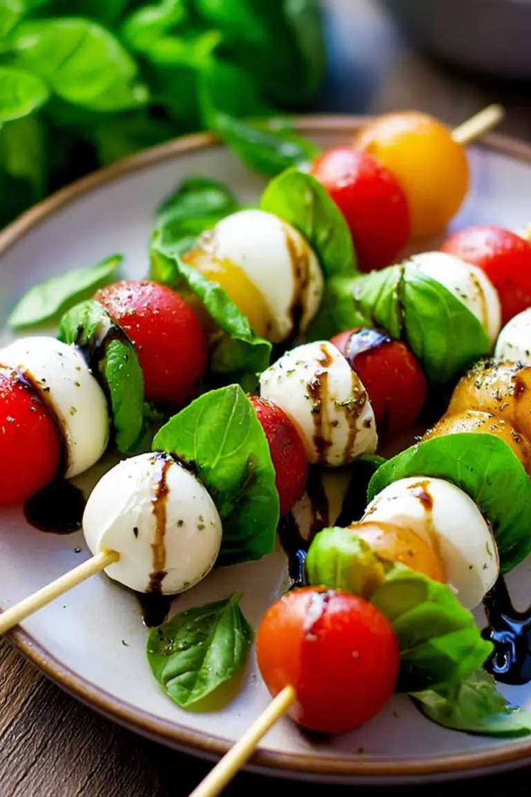 Close-up of vibrant caprese skewers with cherry tomatoes, mozzarella, basil, and balsamic glaze on a wooden board.