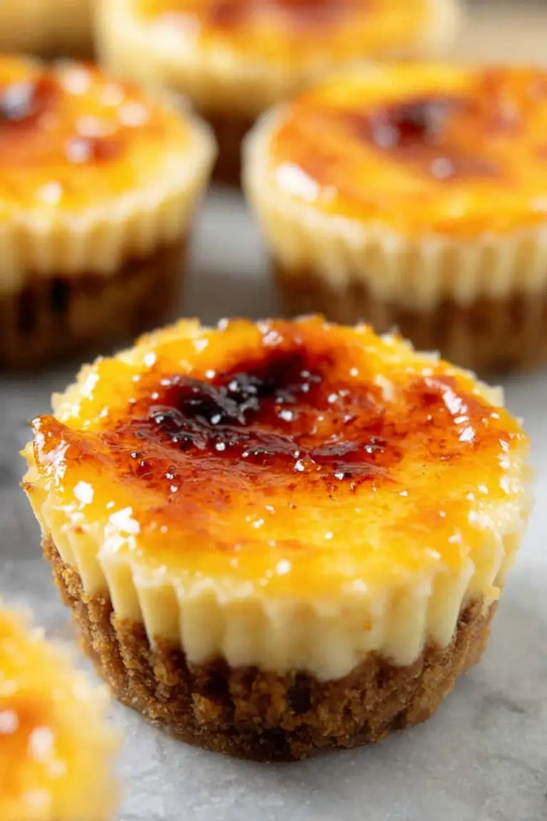 Close-up of a caramelized crème brûlée cheesecake cupcake with fresh berries