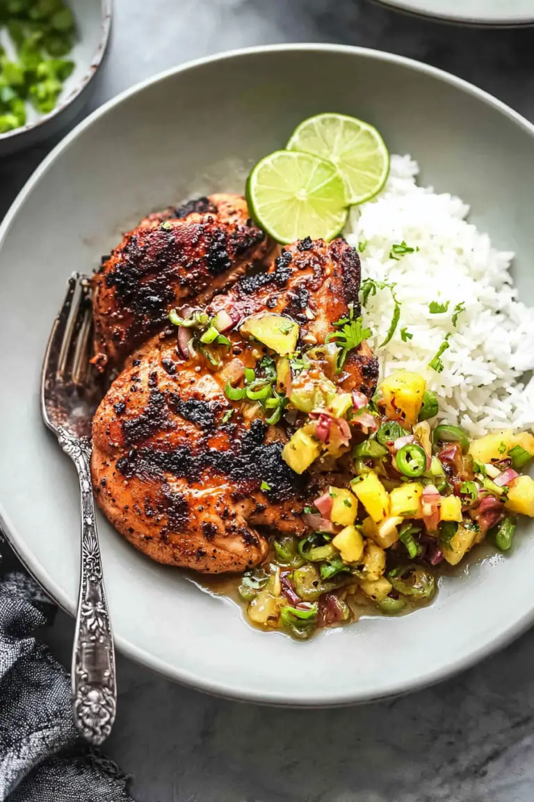 Caribbean jerk chicken with pineapple salsa served on a plate with rice and cilantro garnish