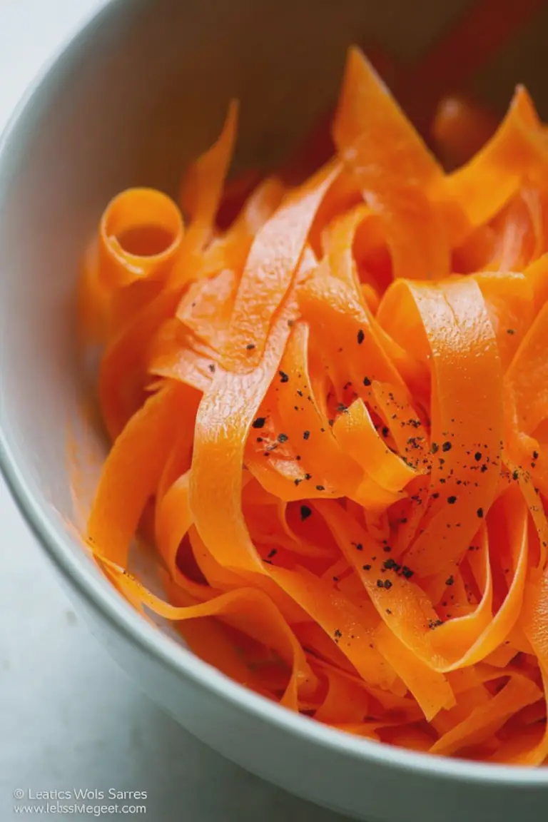 Carrot ribbon salad in a bowl with lemon wedges and a light dressing, highlighting the vibrant orange color of the carrots.