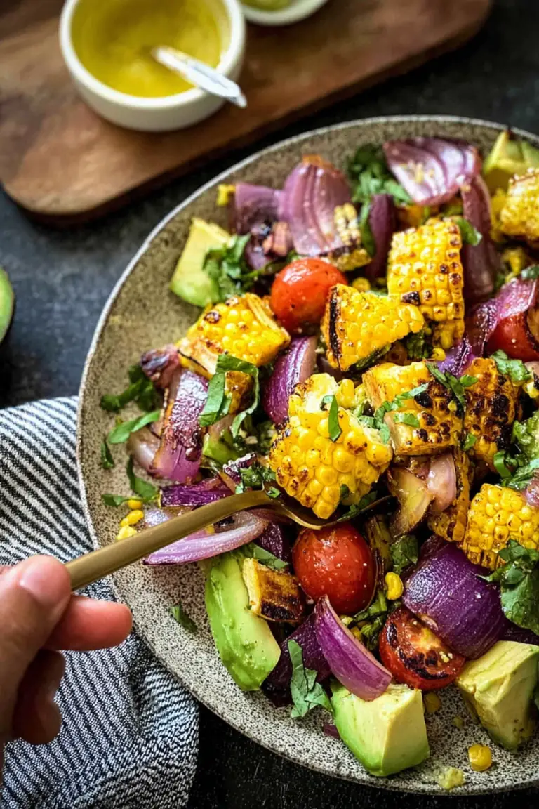 Charred corn avocado salad in a bowl with roasted red onions and fresh cilantro, highlighting its colorful ingredients