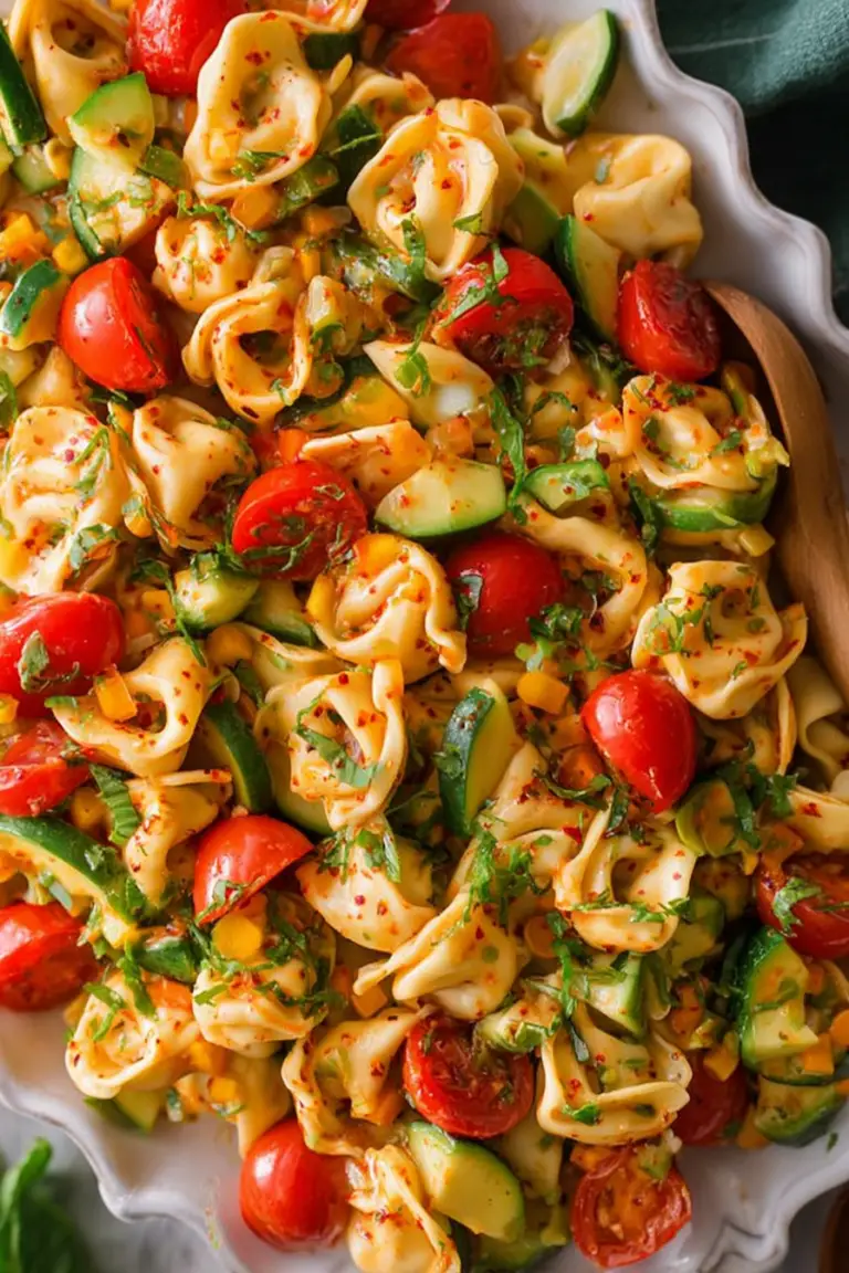 A colorful serving of cheese tortellini with summer vegetables including zucchini and tomatoes, garnished with fresh basil.